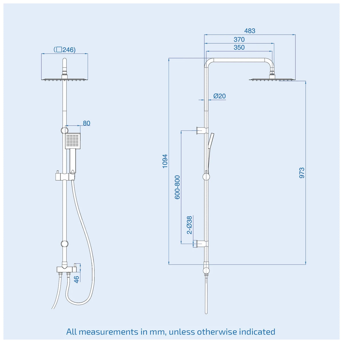 Kinver Square Riser Rail Shower Kit With Bath Mixer Tap & Handset Matte Black