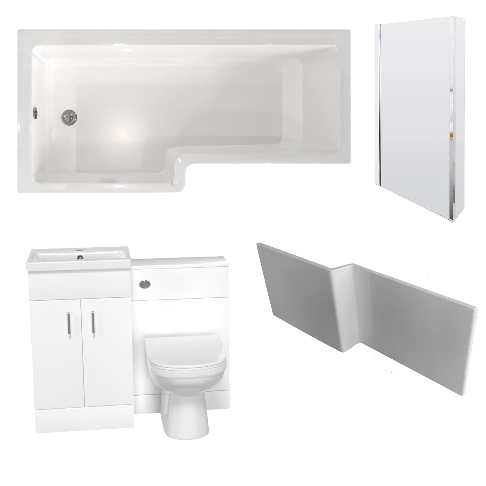 Nanuya L-Shaped LH Shower Bath Floor Standing White Basin Vanity BTW Toilet