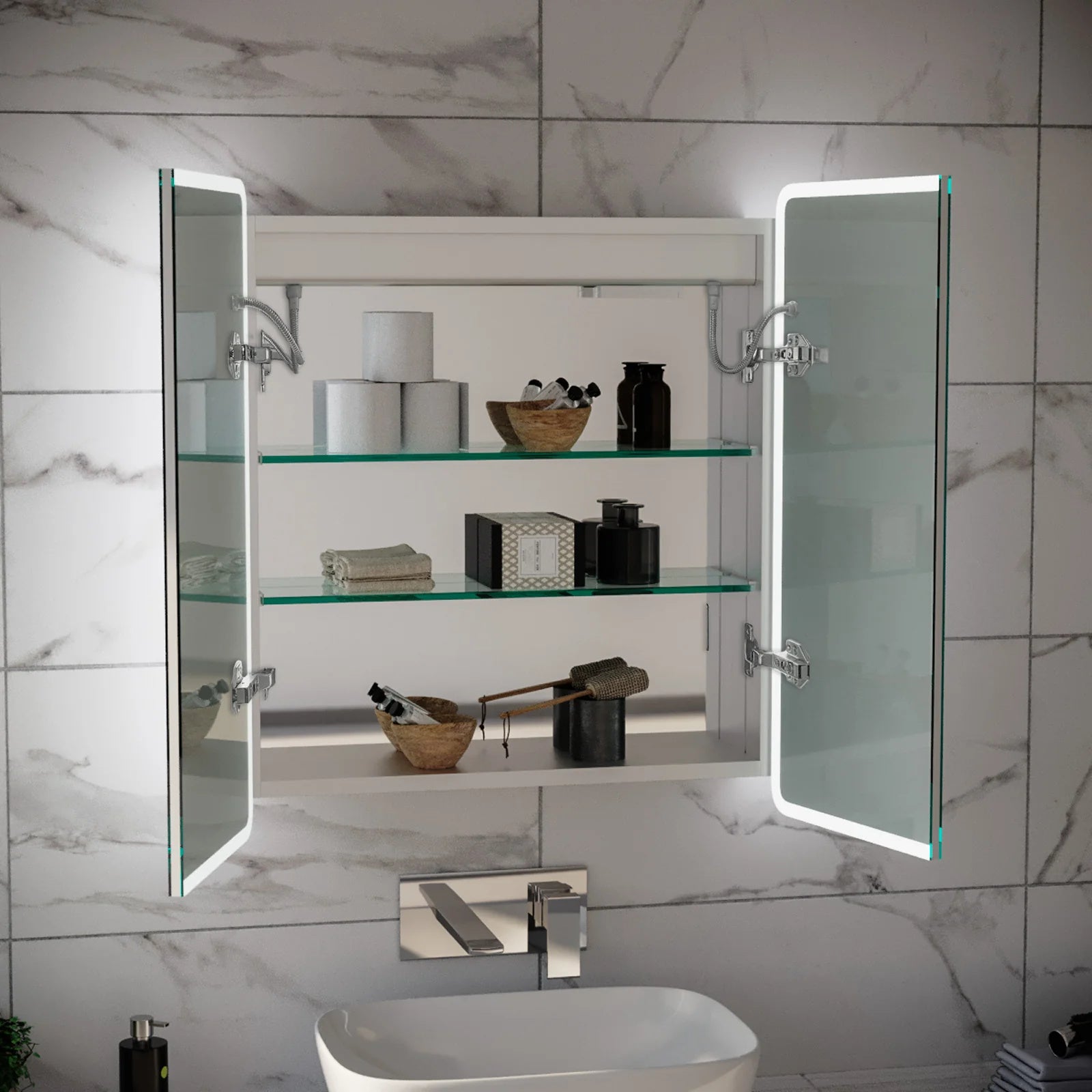 LED Bathroom Mirror Cabinet 2 Doors 600 x 130 x 700mm with Sensor