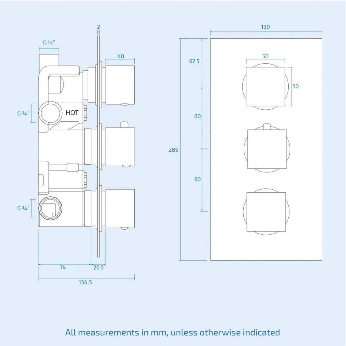 Lilly 3 Dial 3 Way Square Concealed Thermostatic Mixer Valve, Slider Rail, Square Handset, Bath Filler & Shower Head Chrome