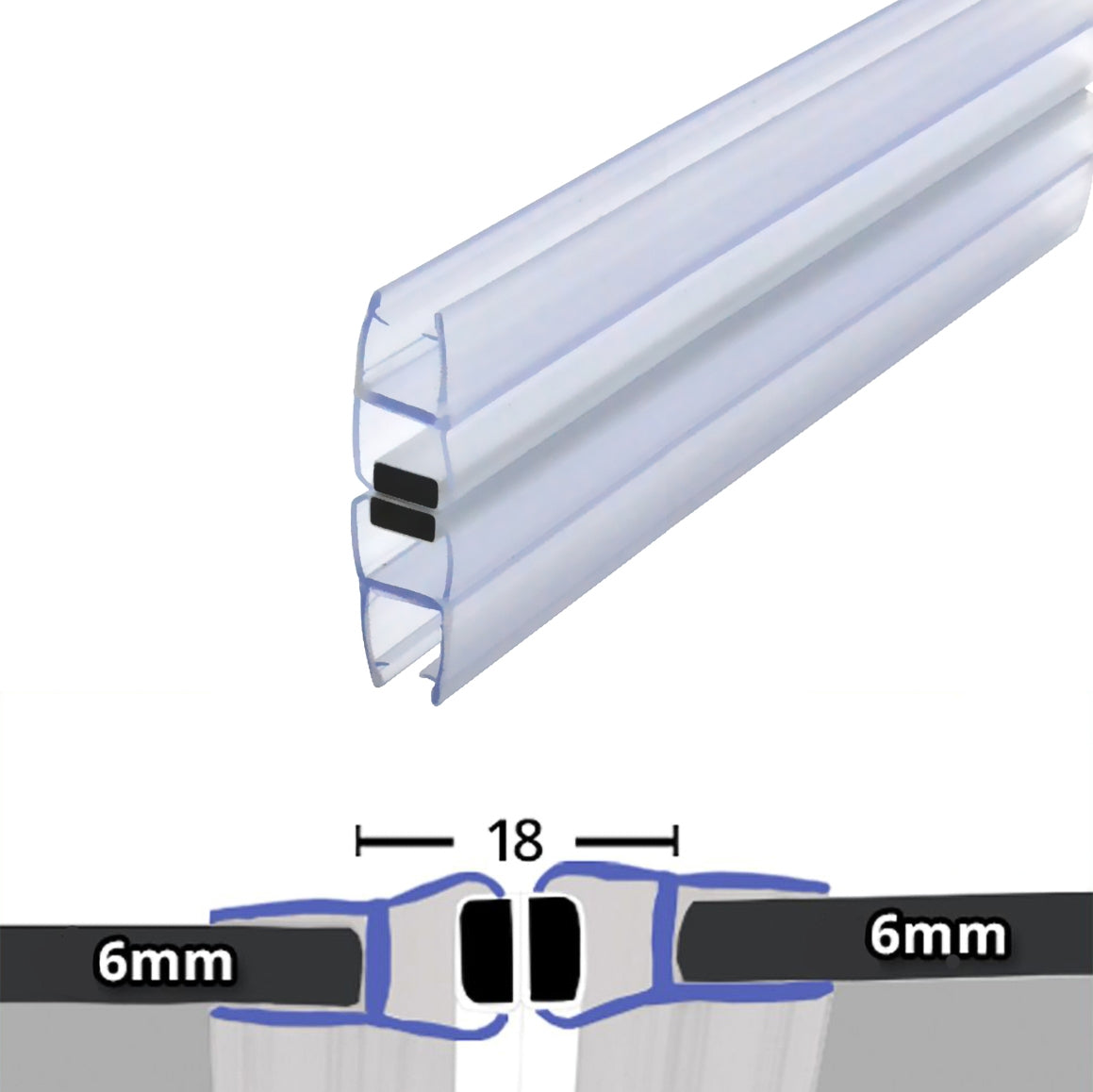 Clear 180° Magnetic Shower Enclosure Seal 6mm x 2000mm