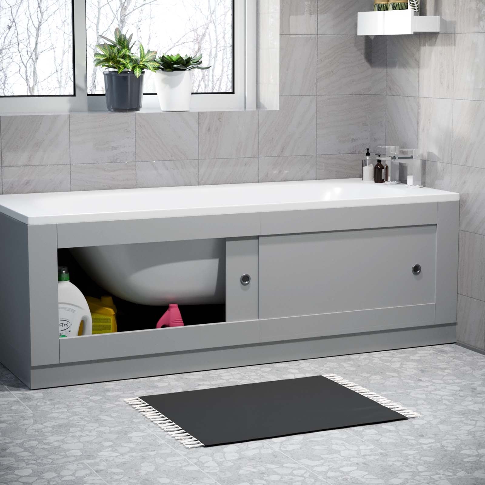 Matte Grey PVC 1700mm Front Bath Panel with 2 Sliding Doors - Adjustable Height