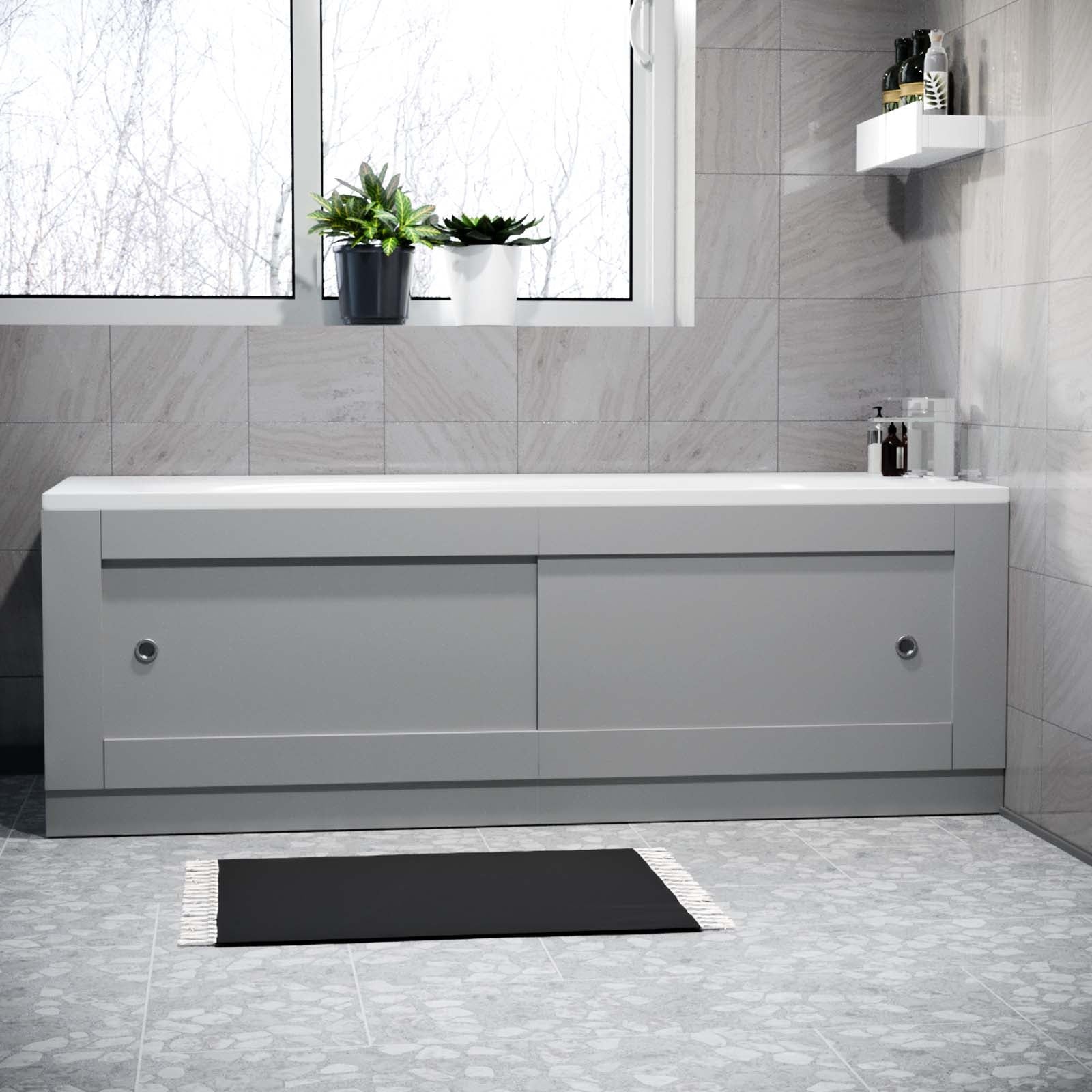 Matte Grey PVC 1700mm Front Bath Panel with 2 Sliding Doors - Adjustable Height