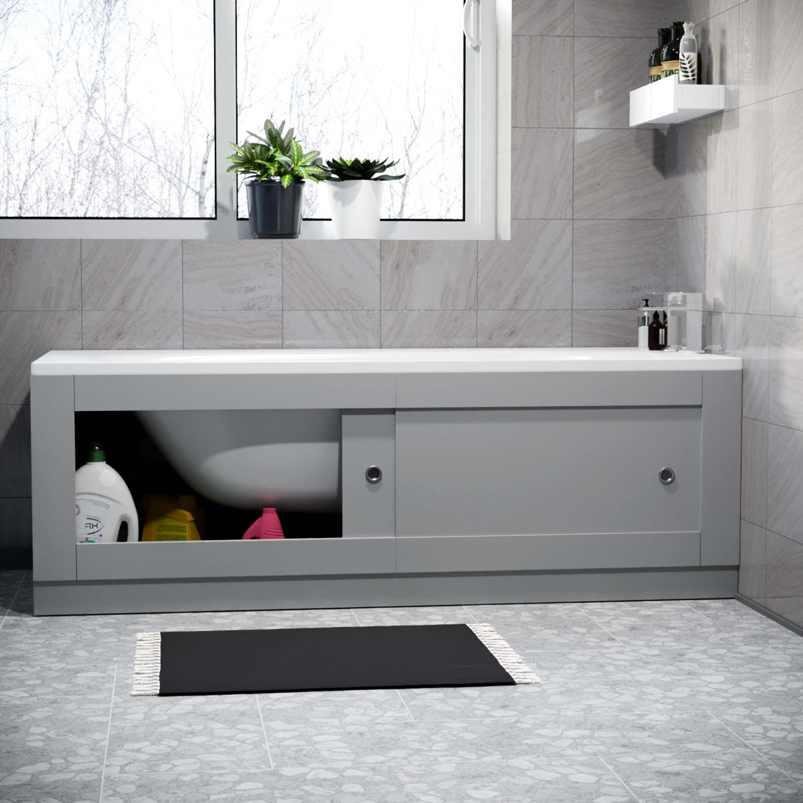 Matte Grey PVC 1700mm Front Bath Panel with 2 Sliding Doors - Adjustable Height