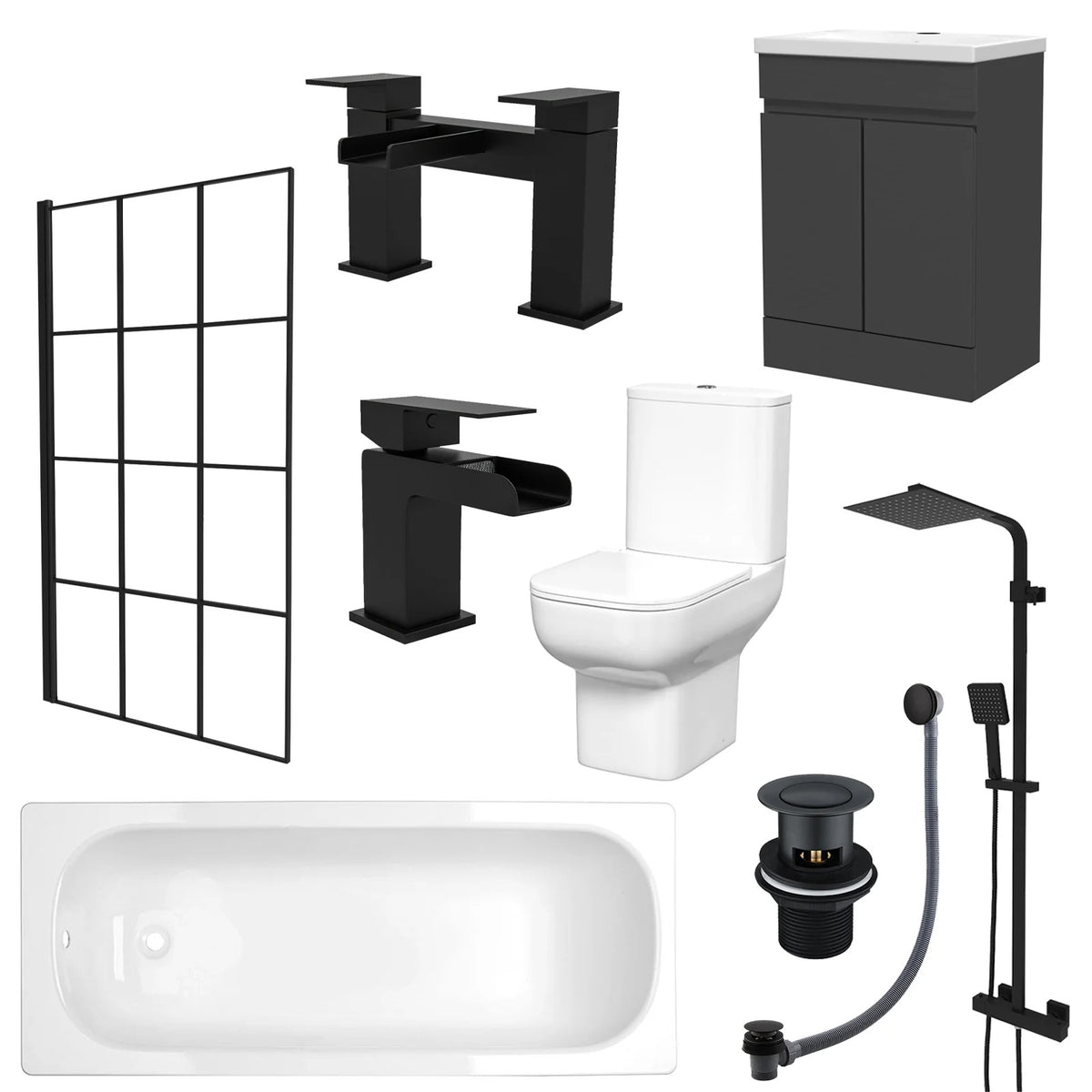 Nanuya 1700mm Bath with Screen, 600mm Anthracite Basin Vanity & Toilet - Complete Set with Matte Black Fittings