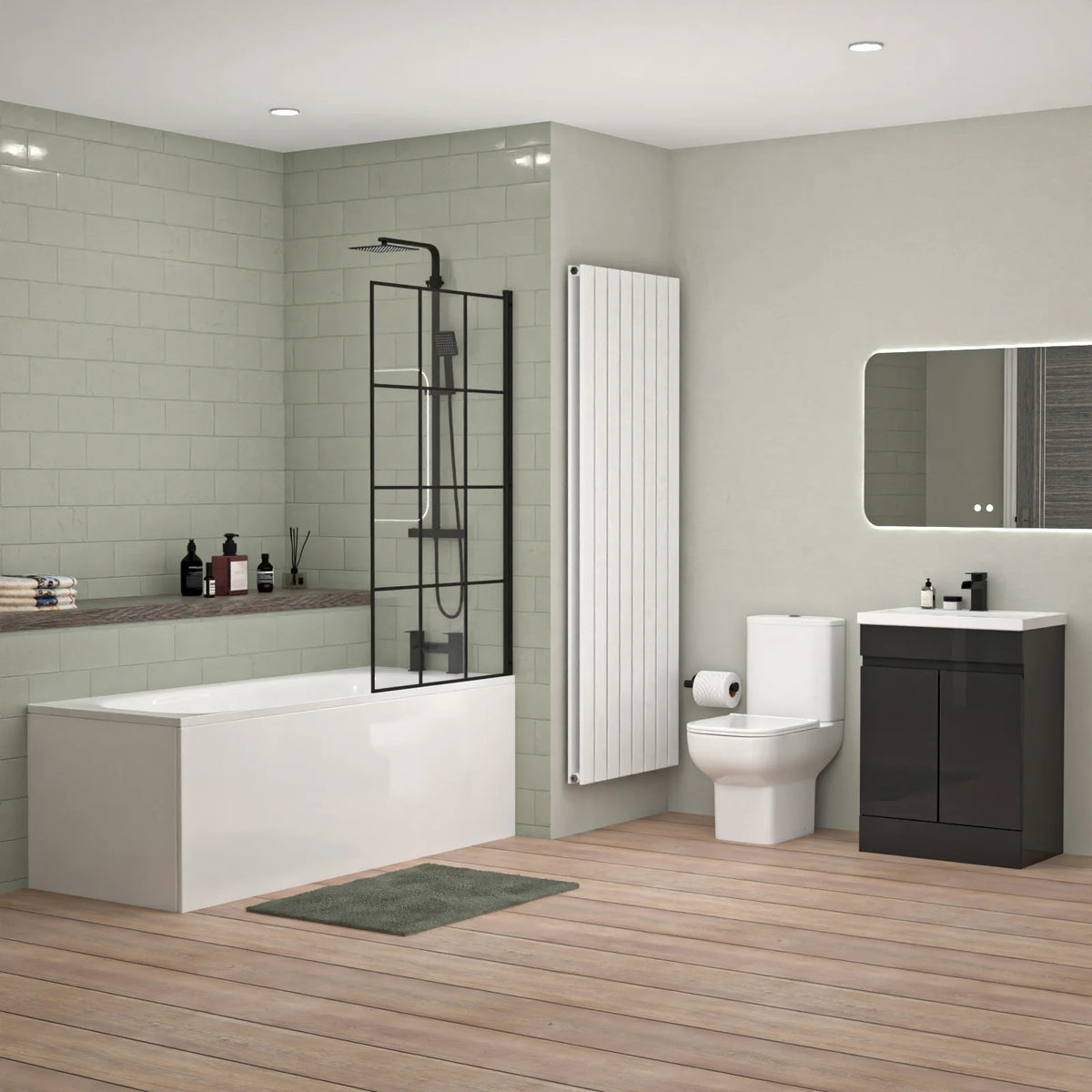Nanuya 1700mm Bath with Screen, 600mm Anthracite Basin Vanity & Toilet - Complete Set with Matte Black Fittings