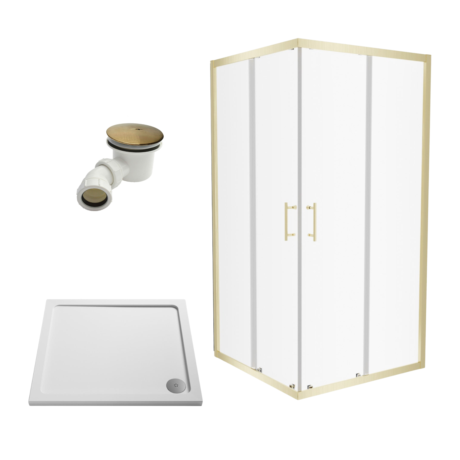 Manga 900 x 900mm Corner Entry Brushed Brass Sliding Shower Enclosure with Tray & Waste