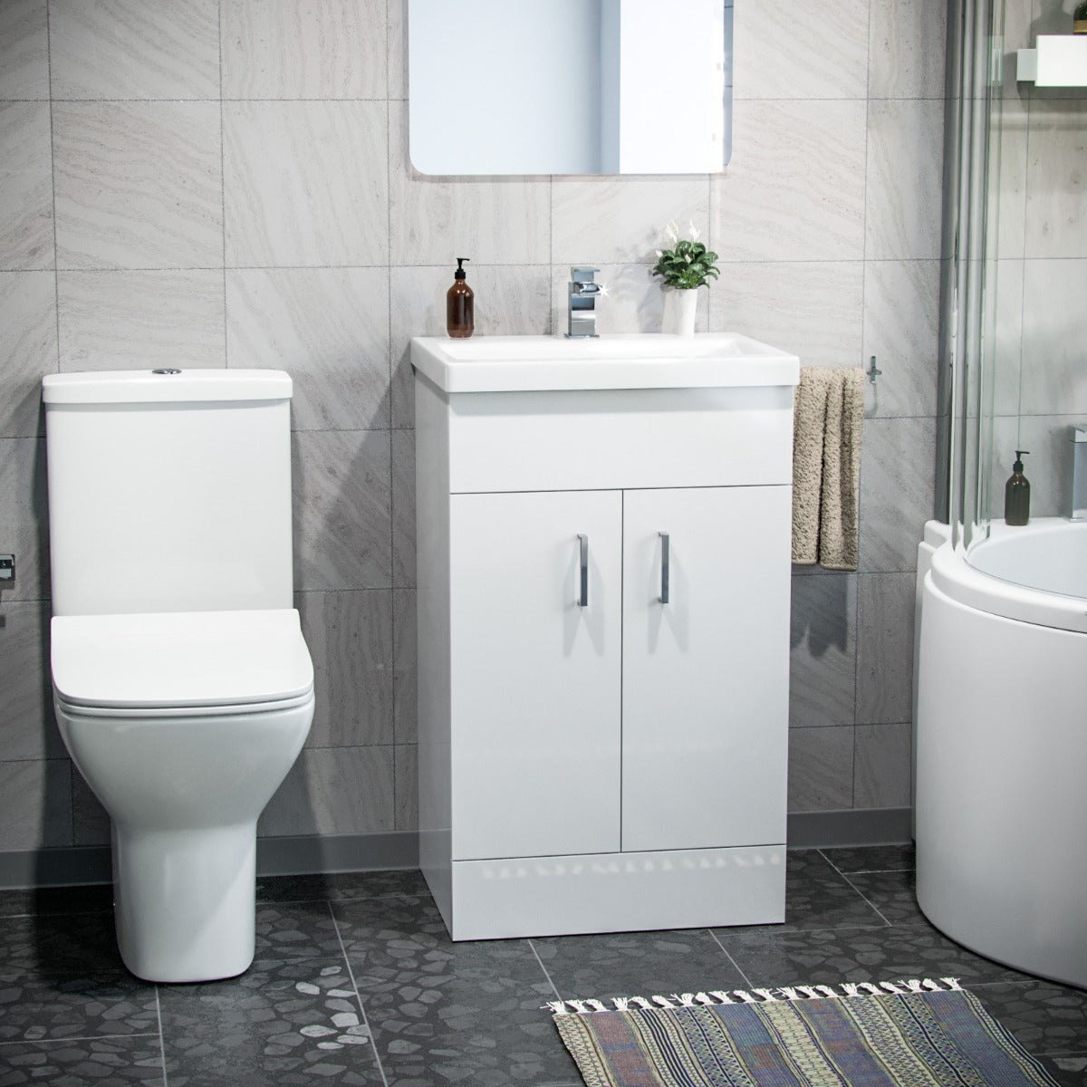 Nanuya P-Shaped LH Bath 500mm Floor Vanity Unit & Close Coupled Toilet Suite