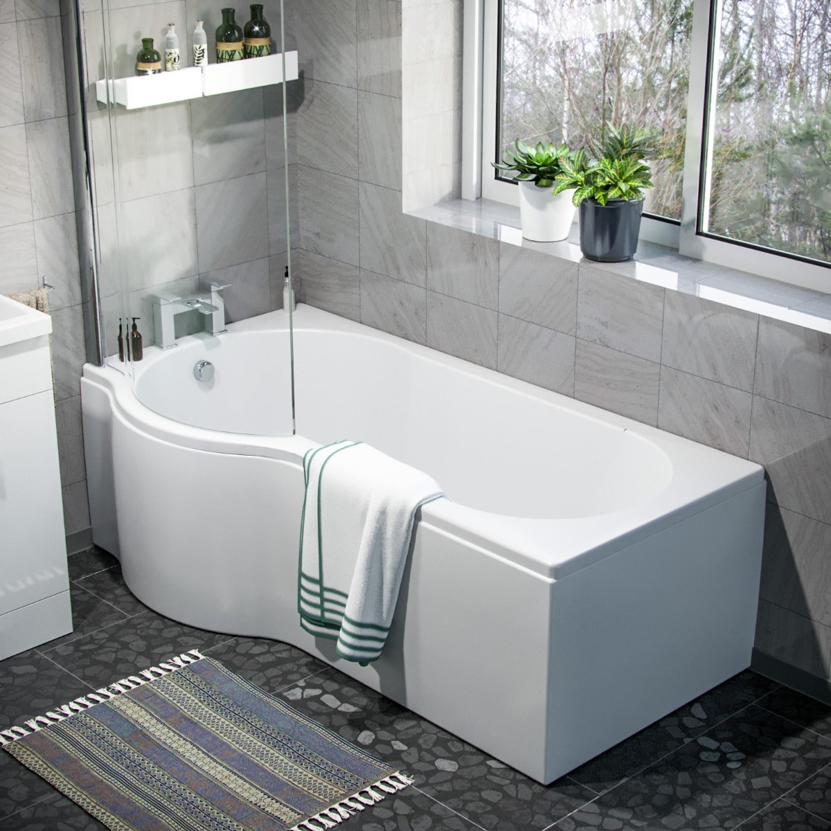 Nanuya P-Shaped LH Bath 500mm Floor Vanity Unit & Close Coupled Toilet Suite