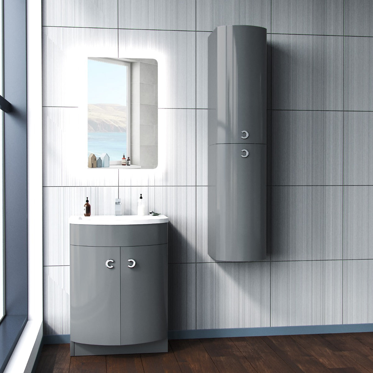 Dene Grey 600mm Vanity Basin Unit and Wall Storage Cabinet