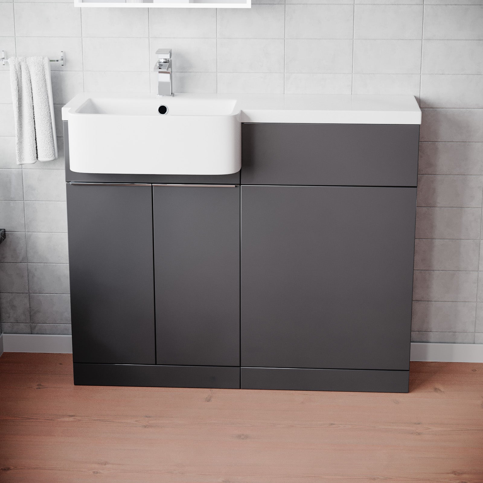 Gray vanity unit with white sink in a bathroom setting