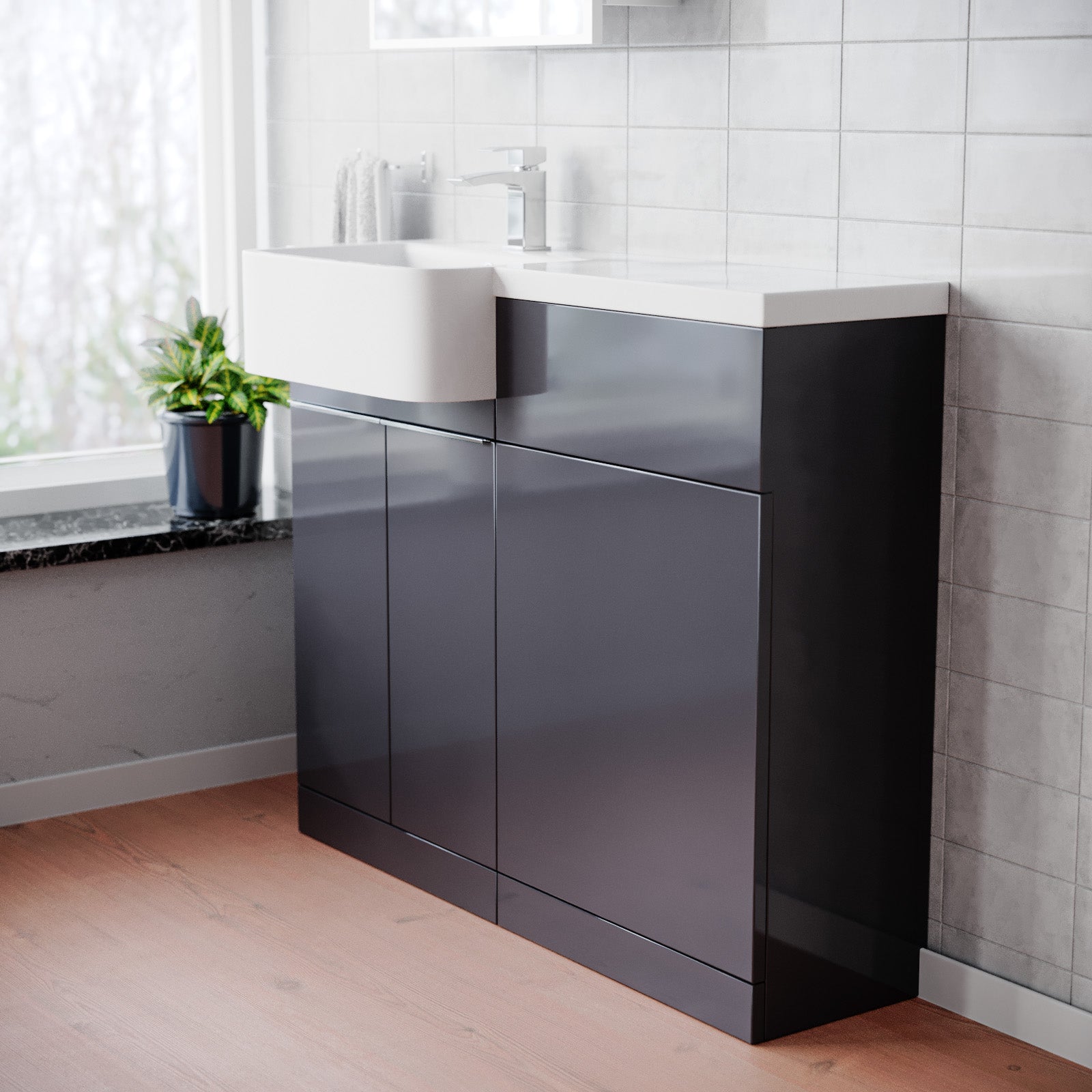 Modern bathroom with black vanity unit and white countertop