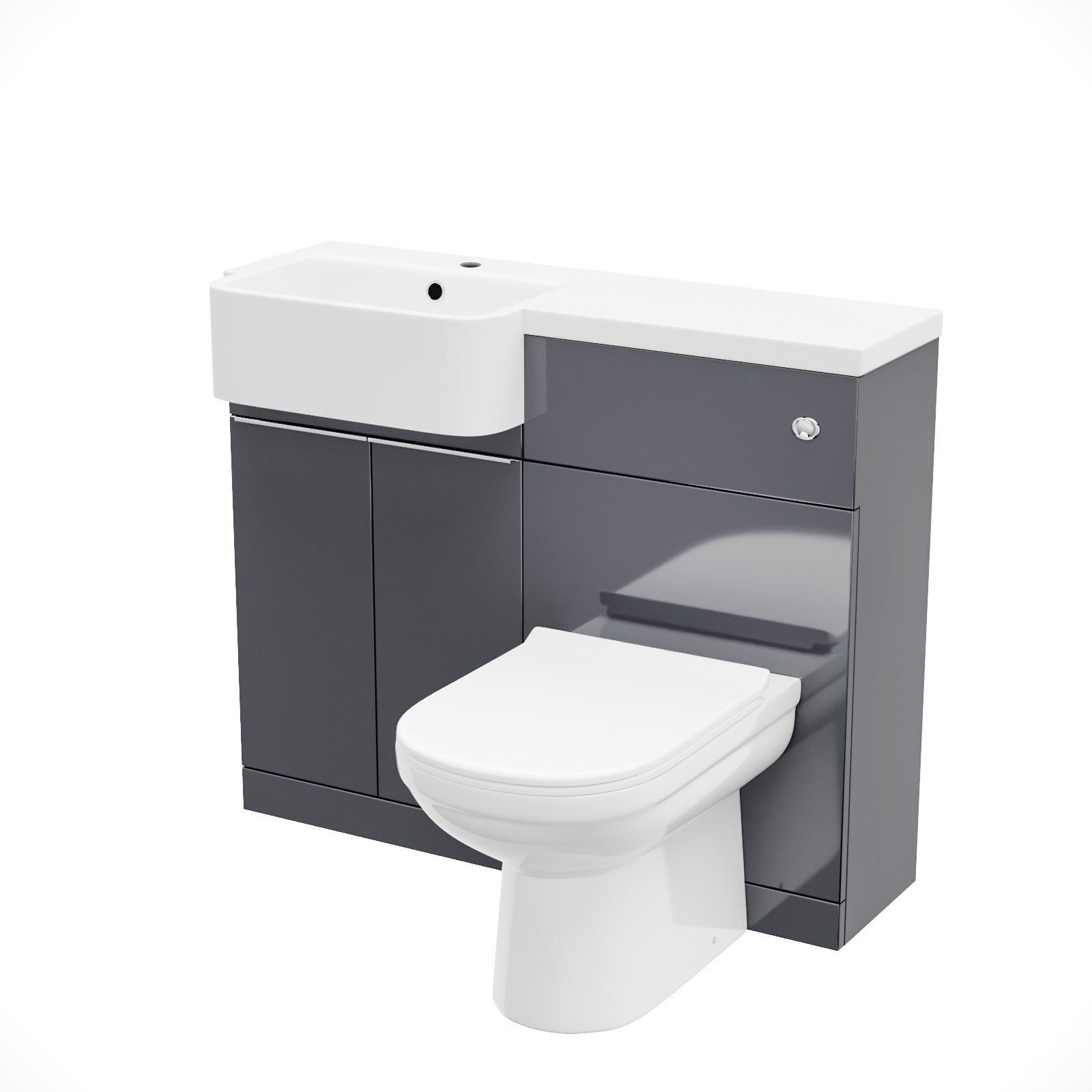 Bathroom vanity unit with sink and toilet on a white background
