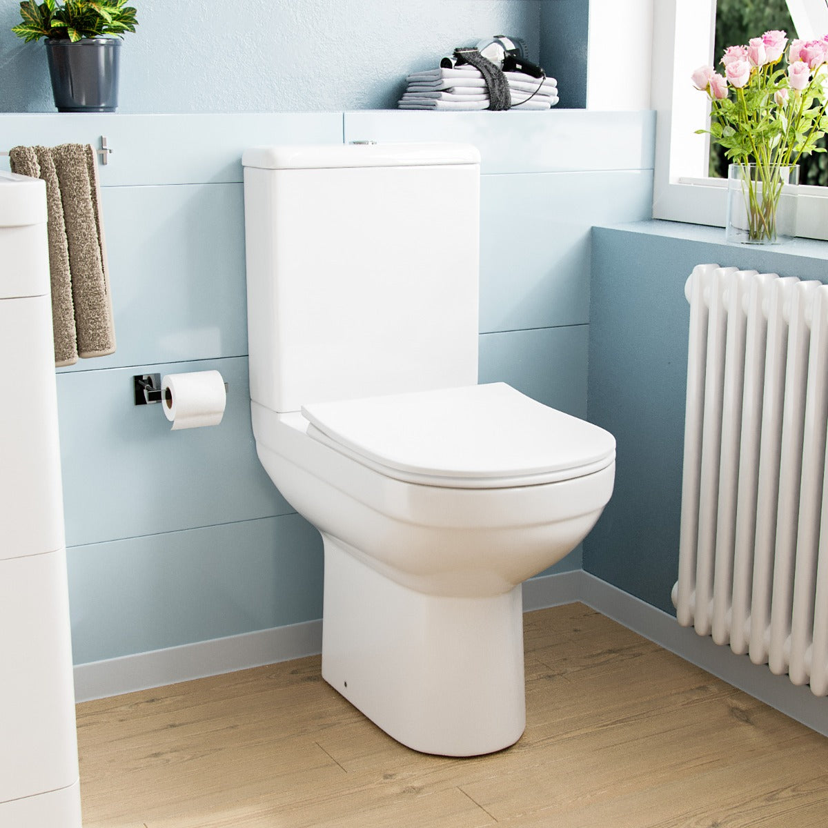 Deyed Comfort Height Close Coupled Toilet Pan, Cistern and Soft Close Toilet Seat