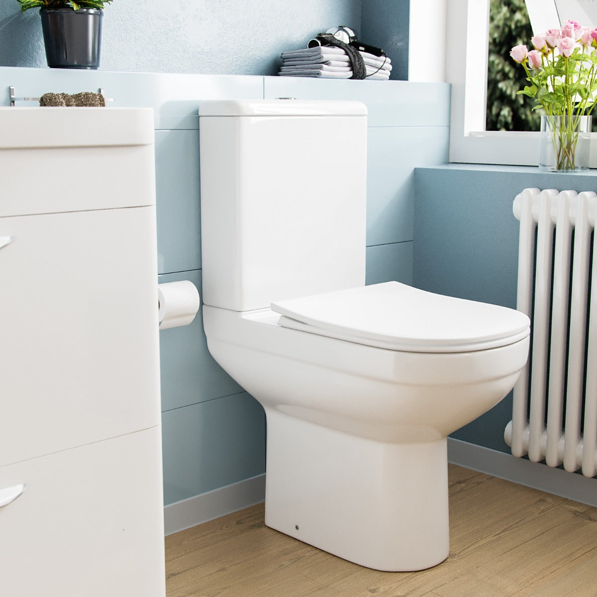 Deyed Comfort Height Close Coupled Toilet Pan, Cistern and Soft Close Toilet Seat