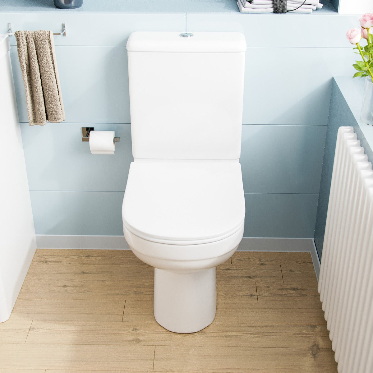 Deyed Comfort Height Close Coupled Toilet Pan, Cistern and Soft Close Toilet Seat