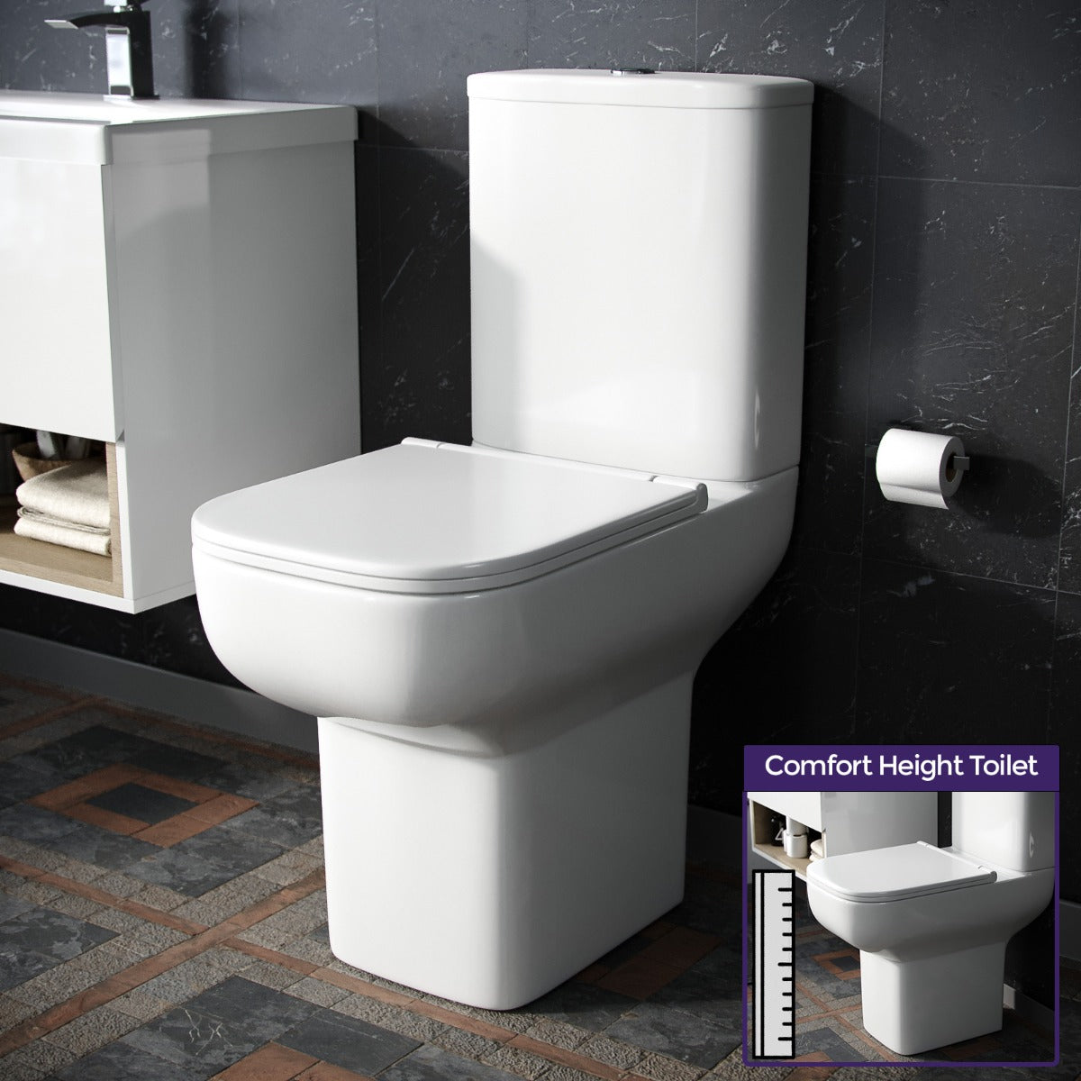 Louie Comfort Height Close Coupled Toilet Pan, Cistern & Soft Close Seat