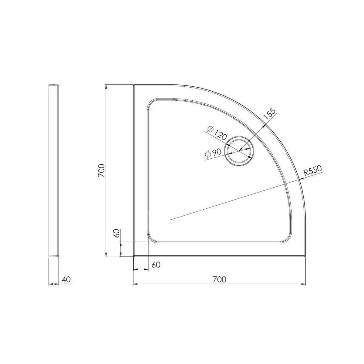 Slim 700 X 700 Quadrant Stone Resin Shower Tray For Wetroom Enclosure