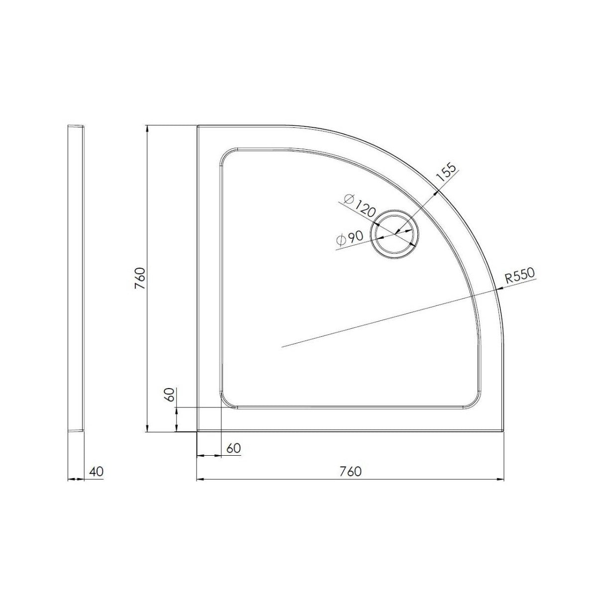 White Slim 760 x 760 mm Quadrant Stone Resin Shower Tray For Wetroom Enclosure