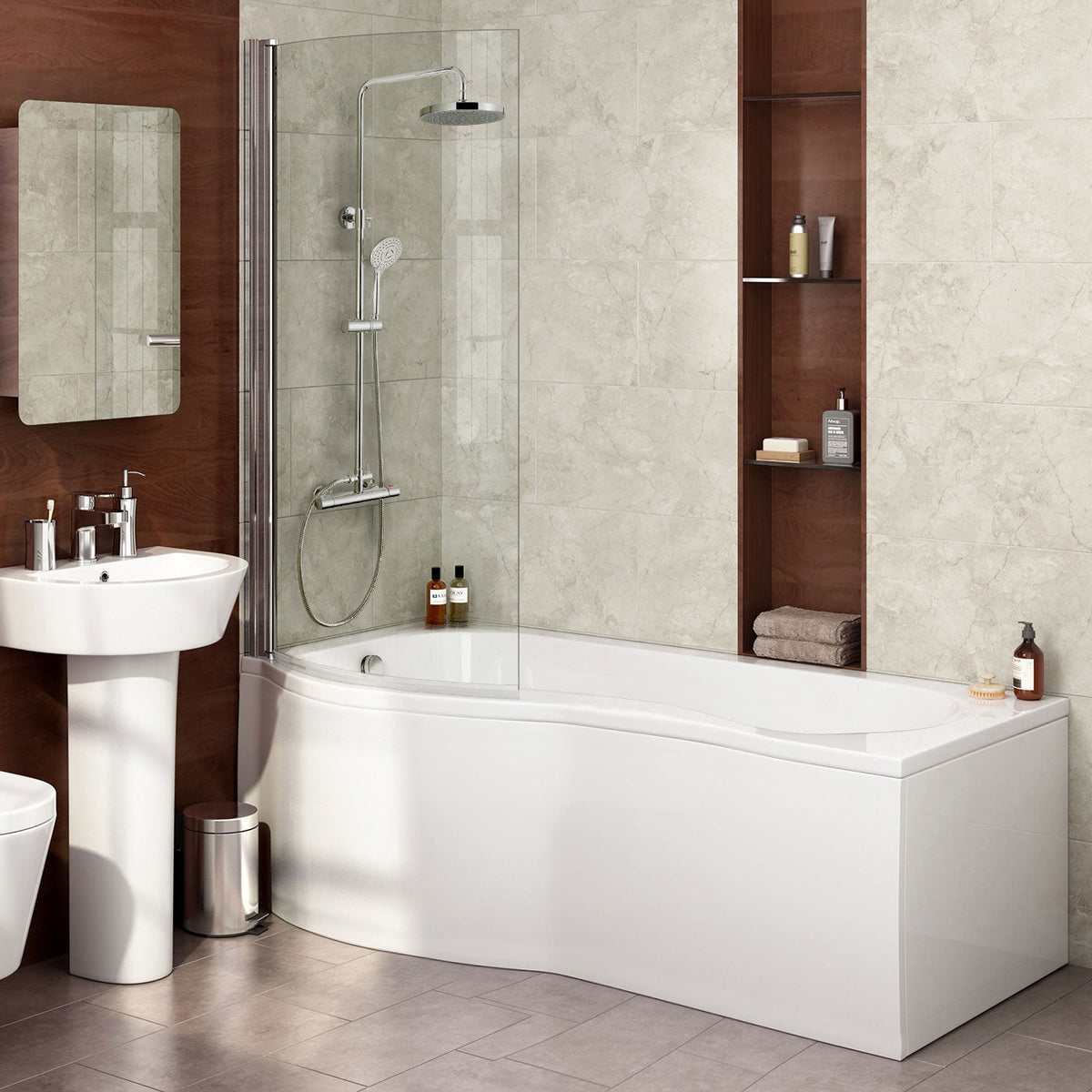 Diamond 1700 x 700mm P-Shaped Modern Shower Bath with Screen & Front Panel Left Hand