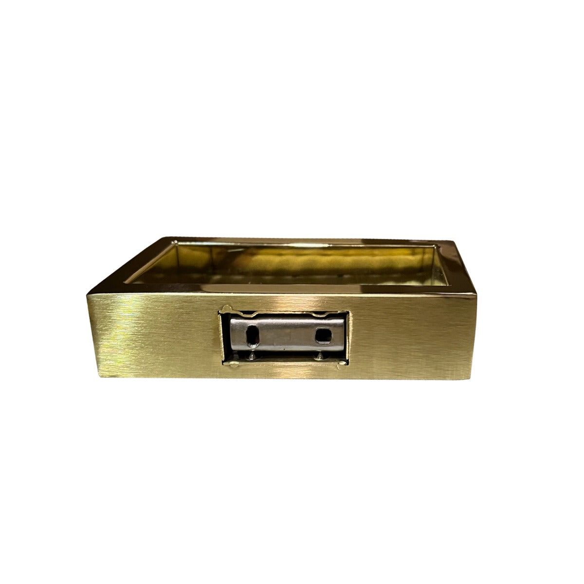 Gold rectangular metal tray on a white background