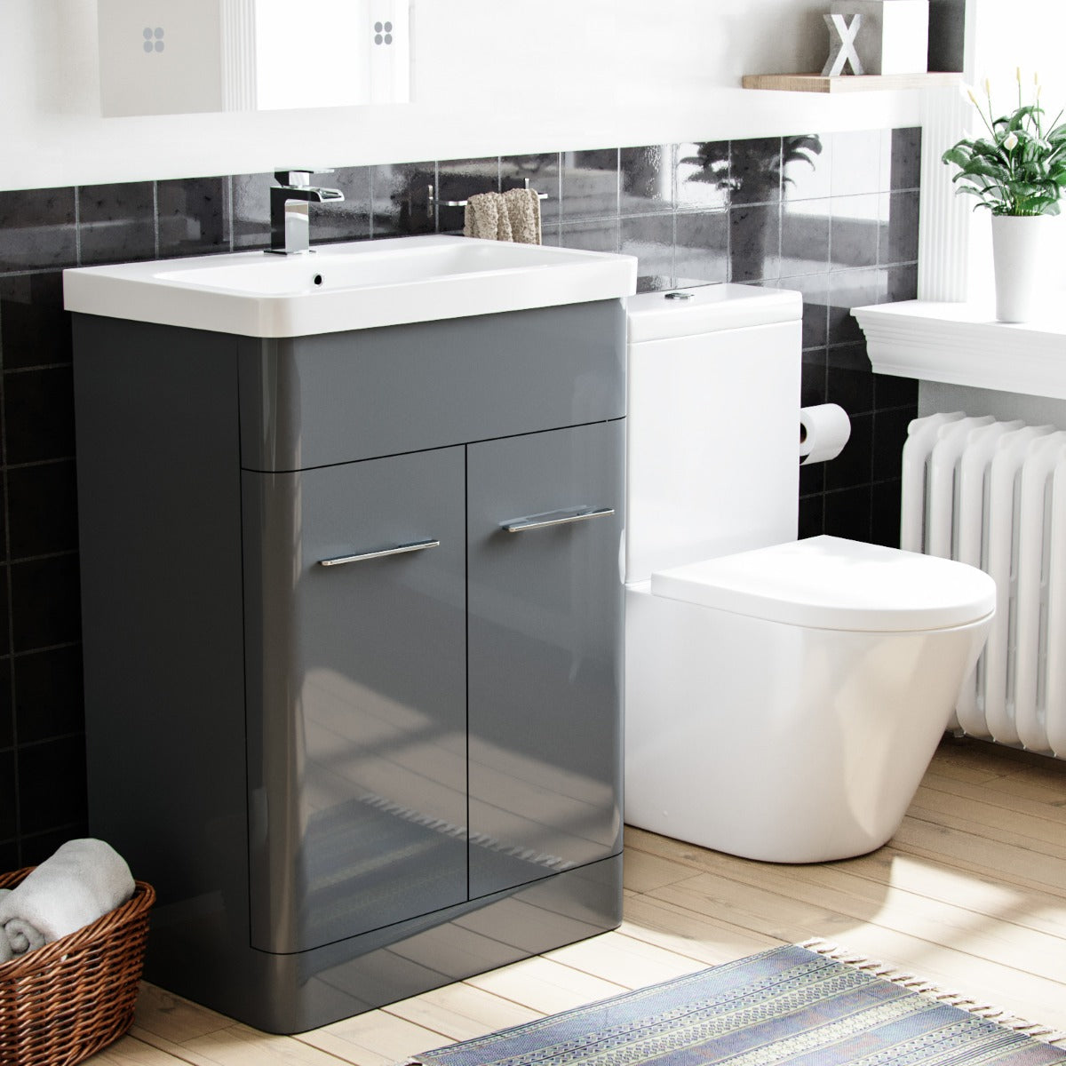 Afern 600mm Vanity Basin Unit & Rimless Close Coupled Toilet Grey