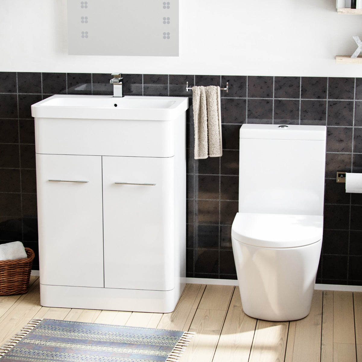 Afern 600mm Vanity Basin Unit & Rimless Close Coupled Toilet White
