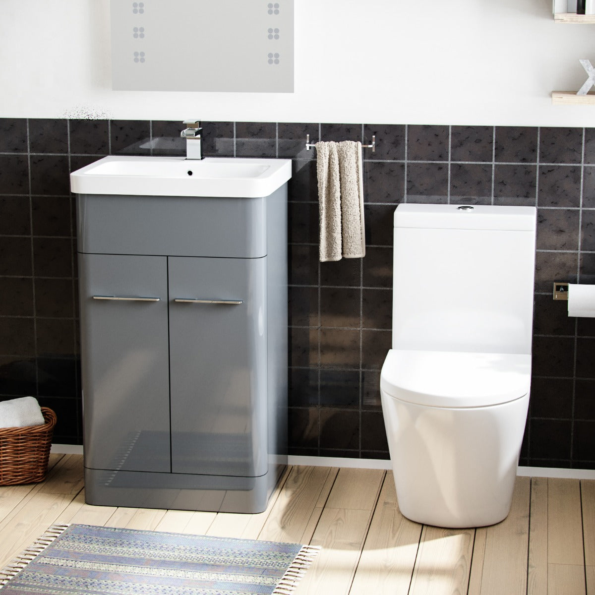 Afern 500mm Vanity Basin Unit & Rimless Close Coupled Toilet Grey