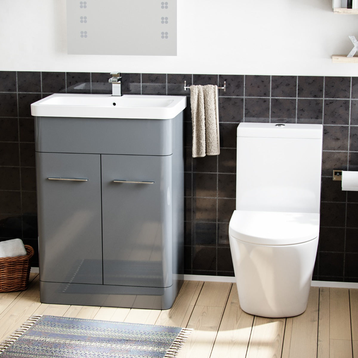 Afern 600mm Vanity Basin Unit & Rimless Close Coupled Toilet Grey