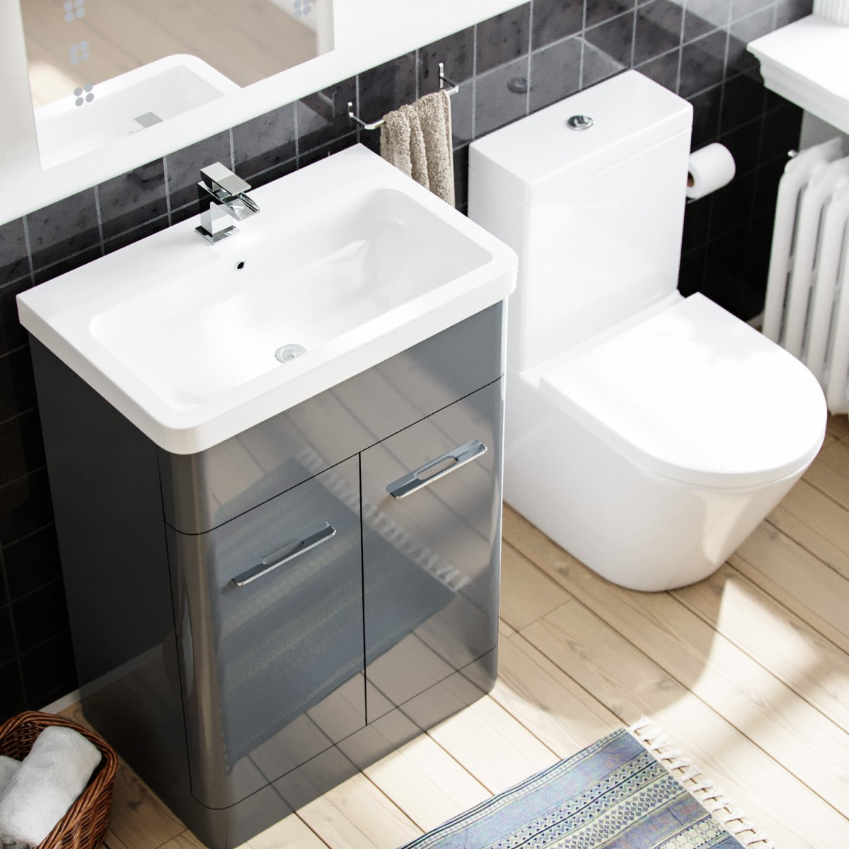 Afern 600mm Vanity Basin Unit & Rimless Close Coupled Toilet Grey