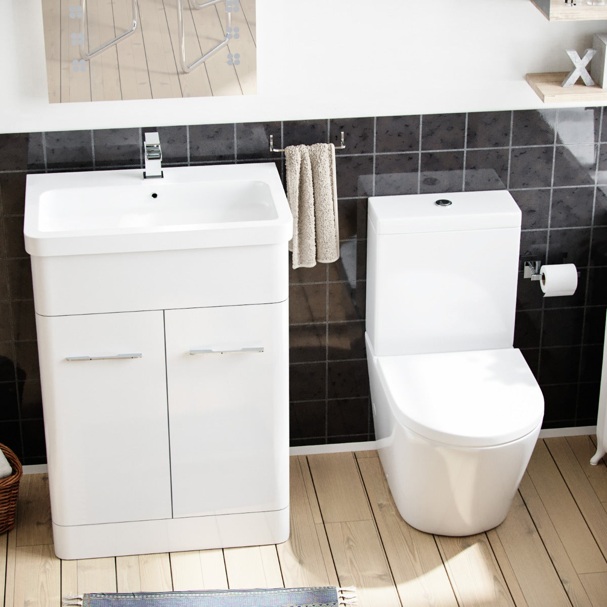 Afern 600mm Vanity Basin Unit & Rimless Close Coupled Toilet White