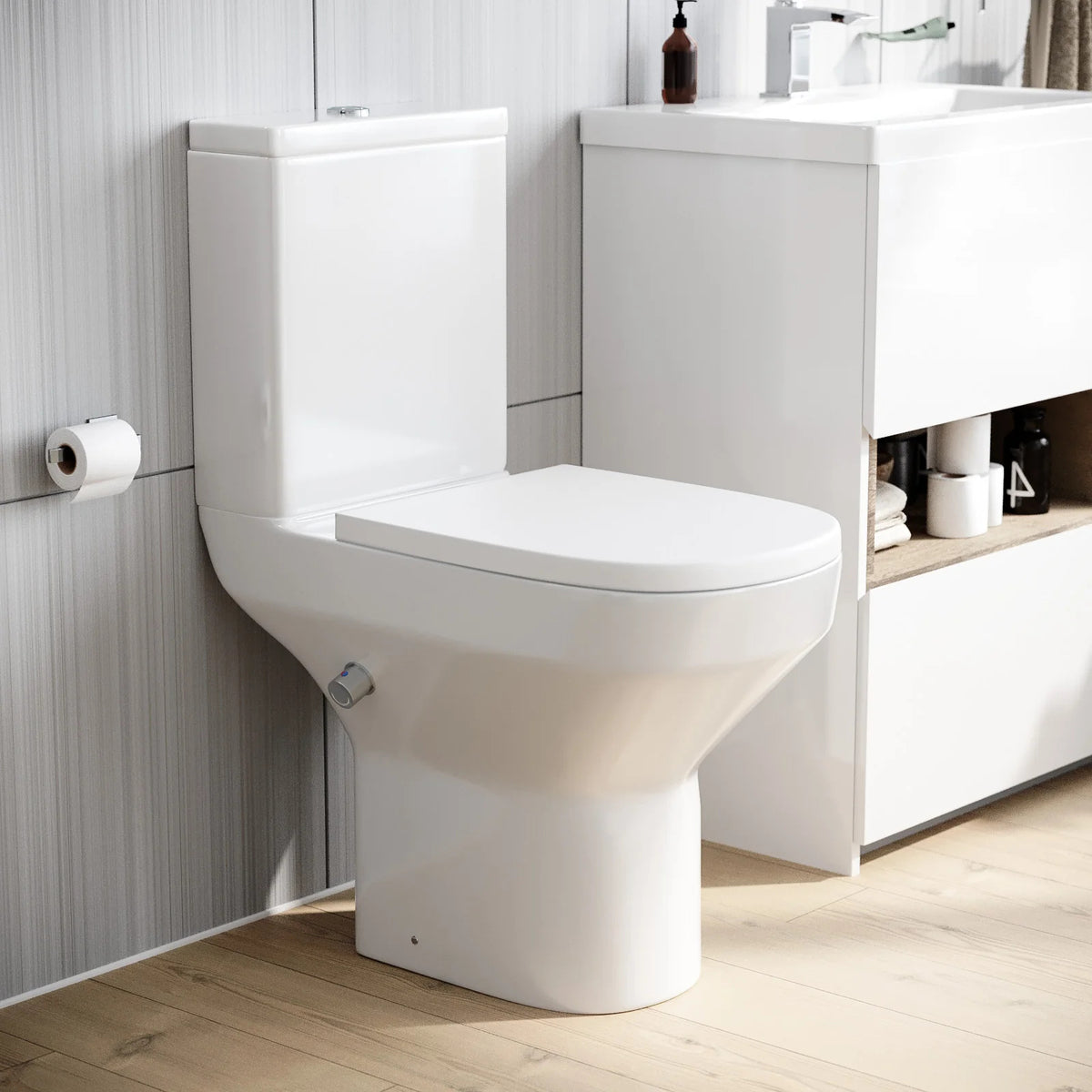 Rimless Comfort Height Close Coupled Toilet Pan With Integrated Hot & Cold Bidet Valve