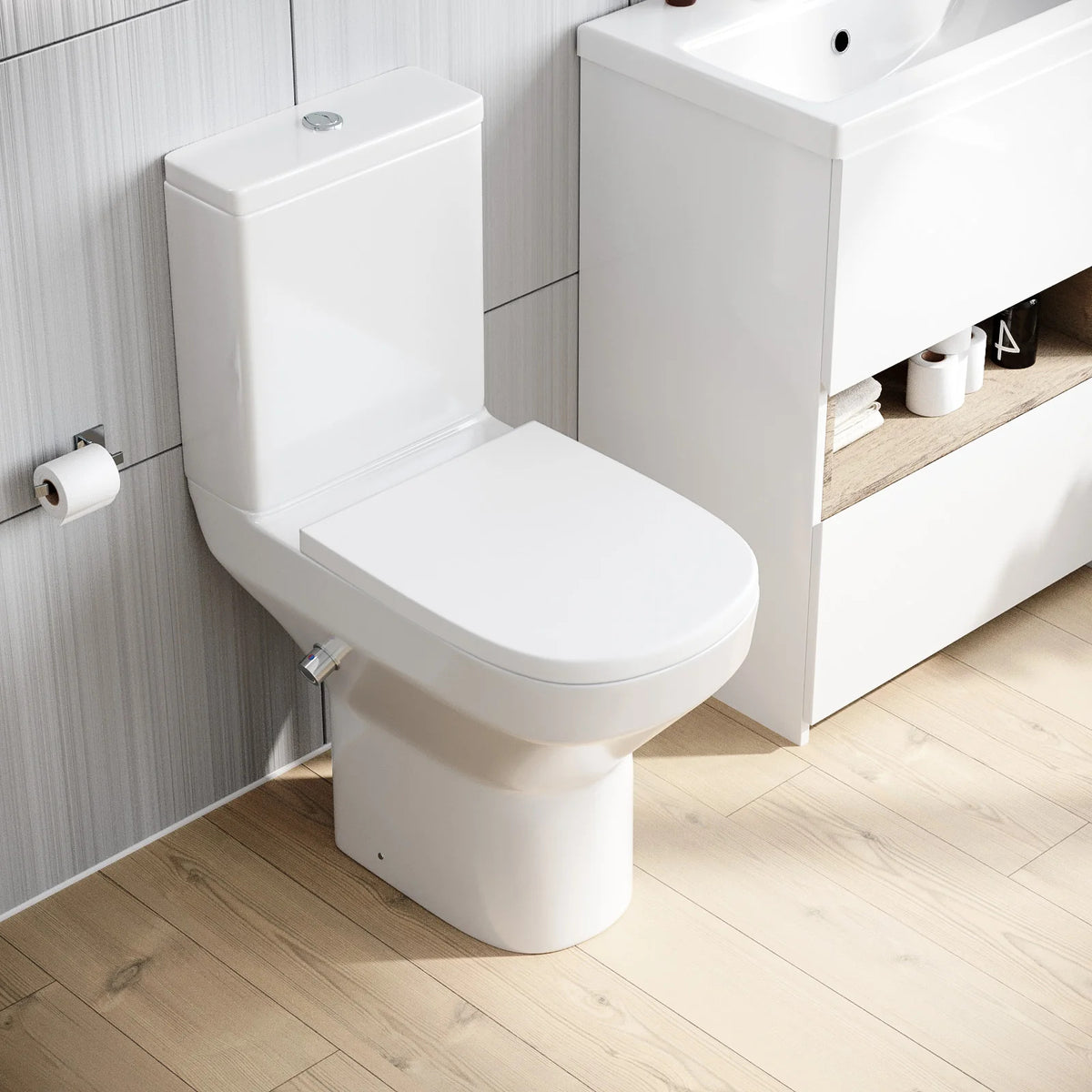 Rimless Comfort Height Close Coupled Toilet Pan With Integrated Hot & Cold Bidet Valve