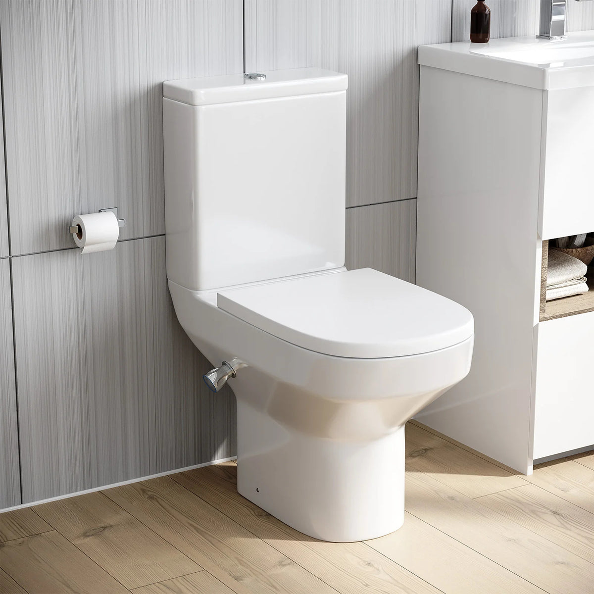 Rimless D Shape Close Coupled Toilet Pan with Integrated Bidet