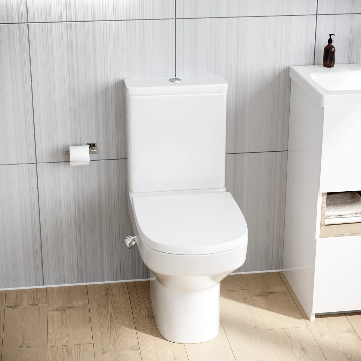 Rimless D Shape Close Coupled Toilet with Integrated Hot & Cold Bidet
