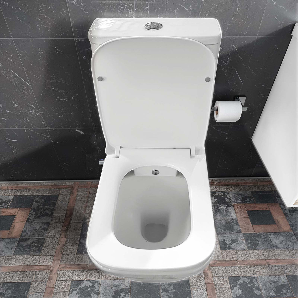 Rimless Square Close Coupled Toilet Pan with Integrated Bidet