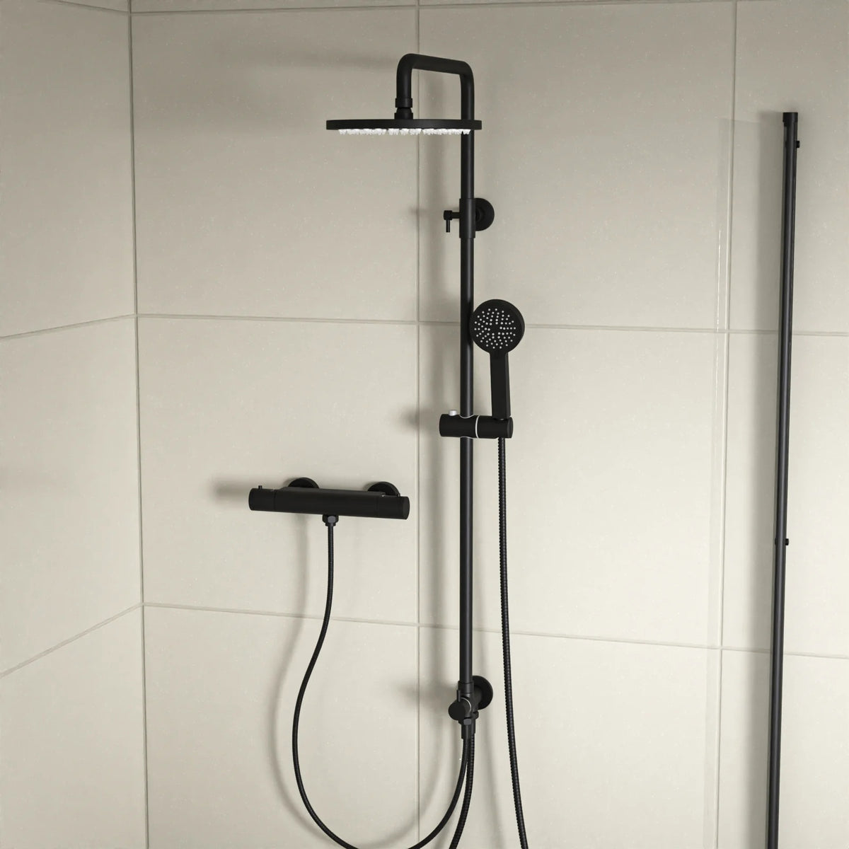 Square Exposed Shower With Handset & Thermostatic Bar Valve - Matte Black