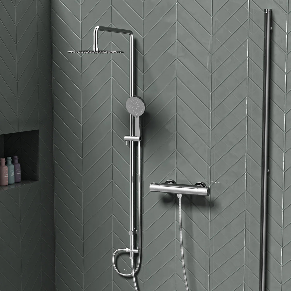 Round Overhead & Hand Shower With Thermostatic Bar Valve Single Outlet - Chrome