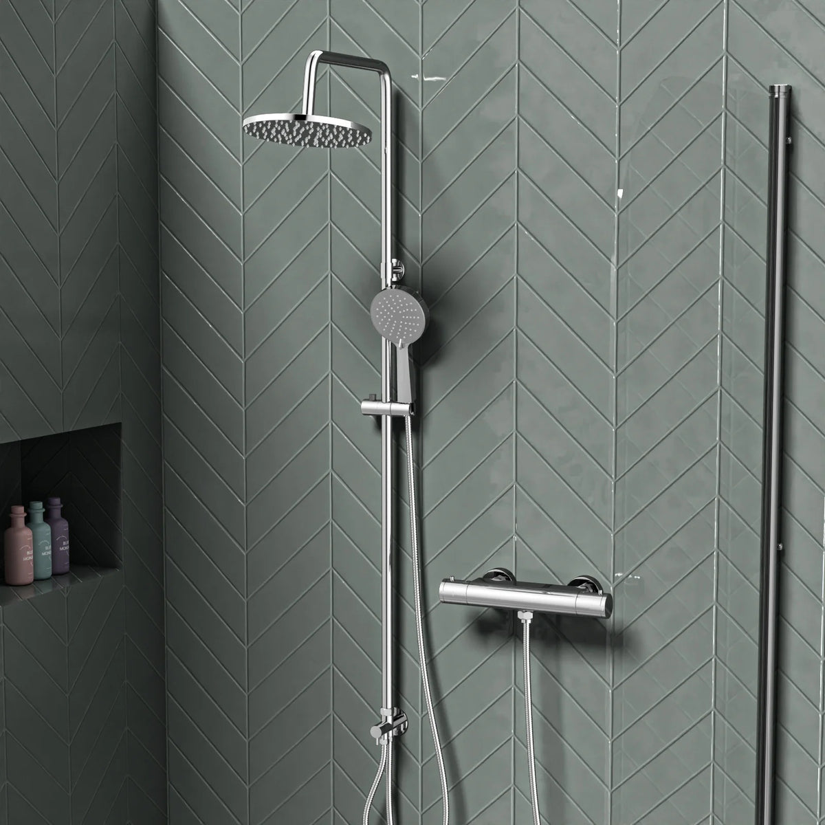 Round Overhead & Hand Shower With Thermostatic Bar Valve Single Outlet - Chrome