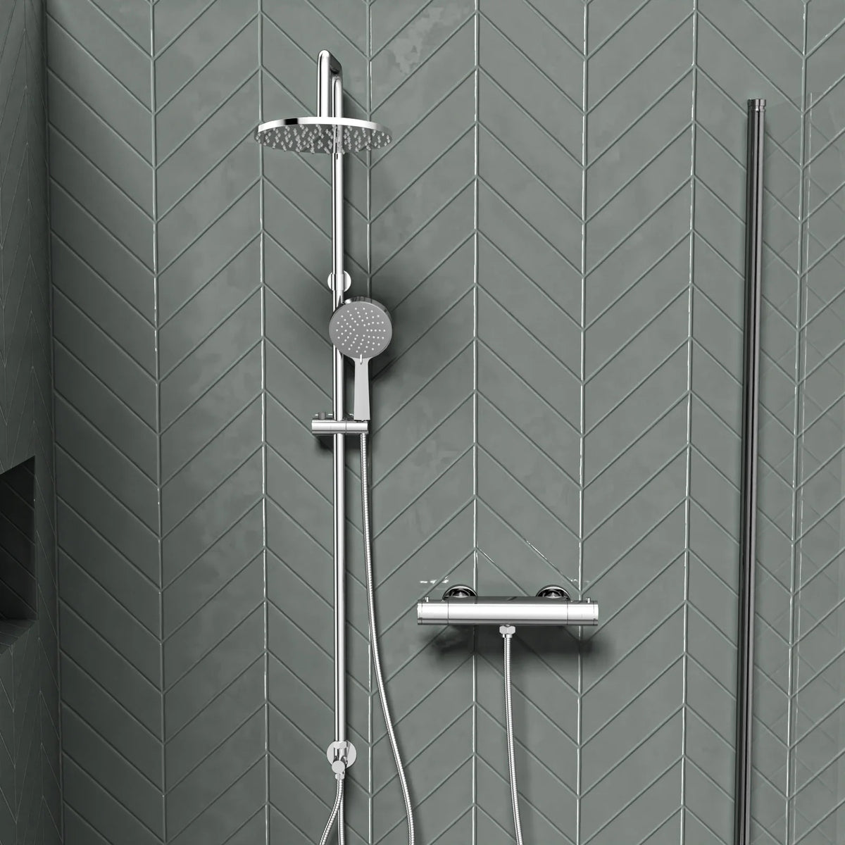 Round Overhead & Hand Shower With Thermostatic Bar Valve Single Outlet - Chrome