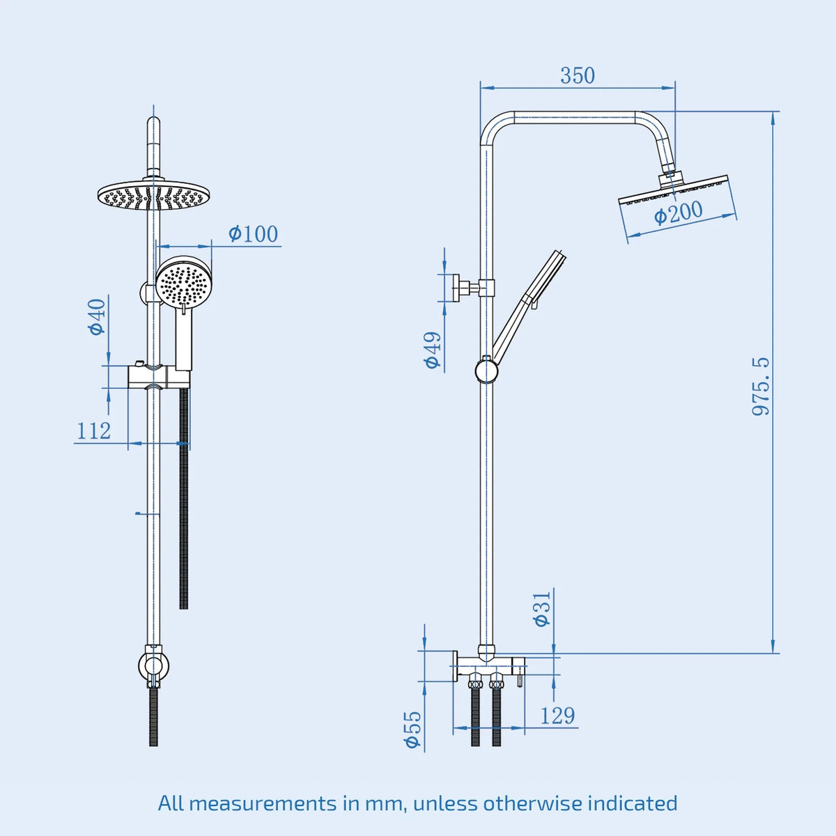 Round Overhead & Hand Shower With Thermostatic Bar Valve Single Outlet - Chrome