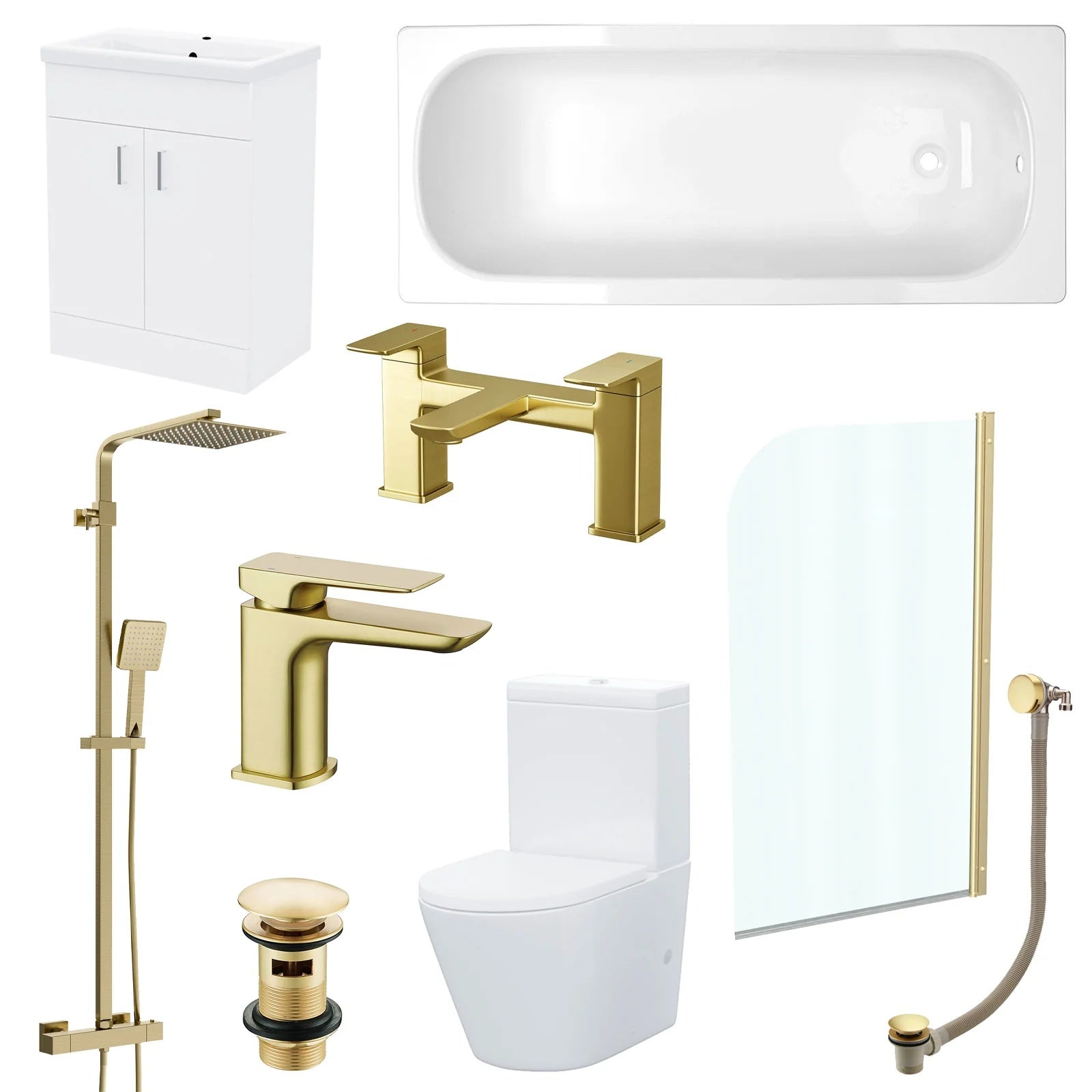 1700mm Bathroom Suite Rectangle Bath with Bath Screen, Vanity Unit & Toilet and Tap Sets