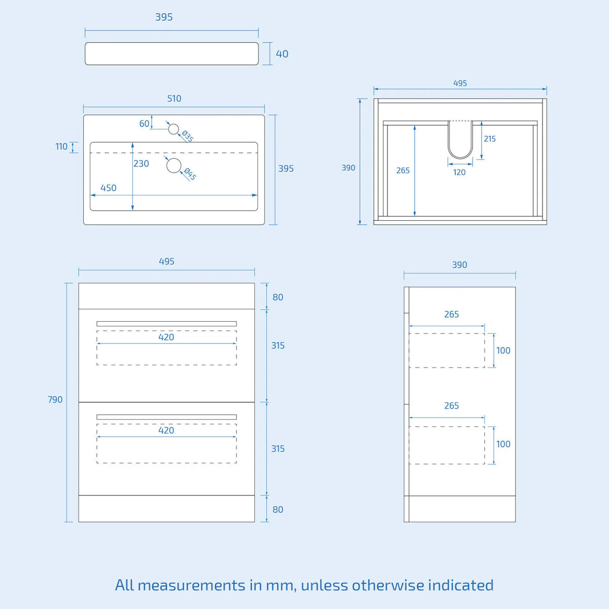 Technical drawings with measurements in millimeters on a light blue background