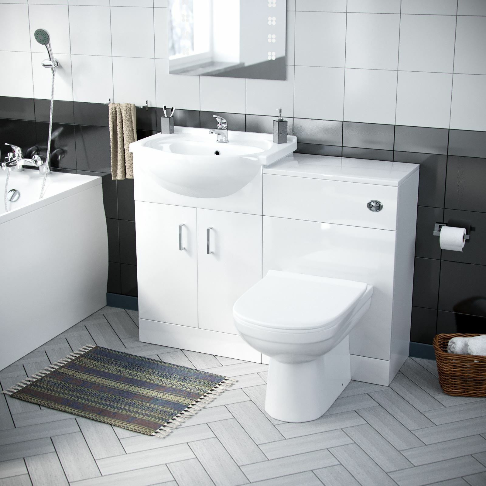 Ellen 3 Piece Bathroom Suite BTW Toilet Basin Vanity Unit and Bath Flat Pack