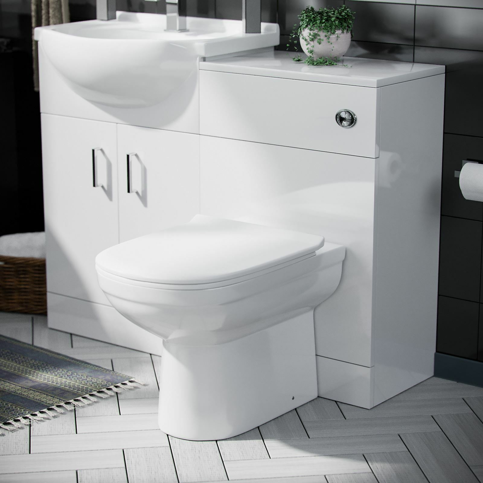 Ellen 3 Piece Bathroom Suite BTW Toilet Basin Vanity Unit and Bath Flat Pack
