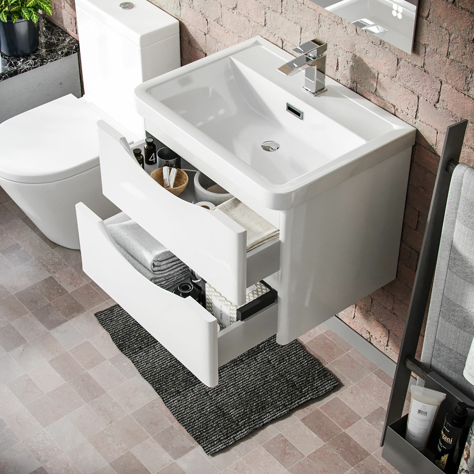 Merton Modern White Basin Vanity Wall Hung and Rimless Close Coupled Toilet
