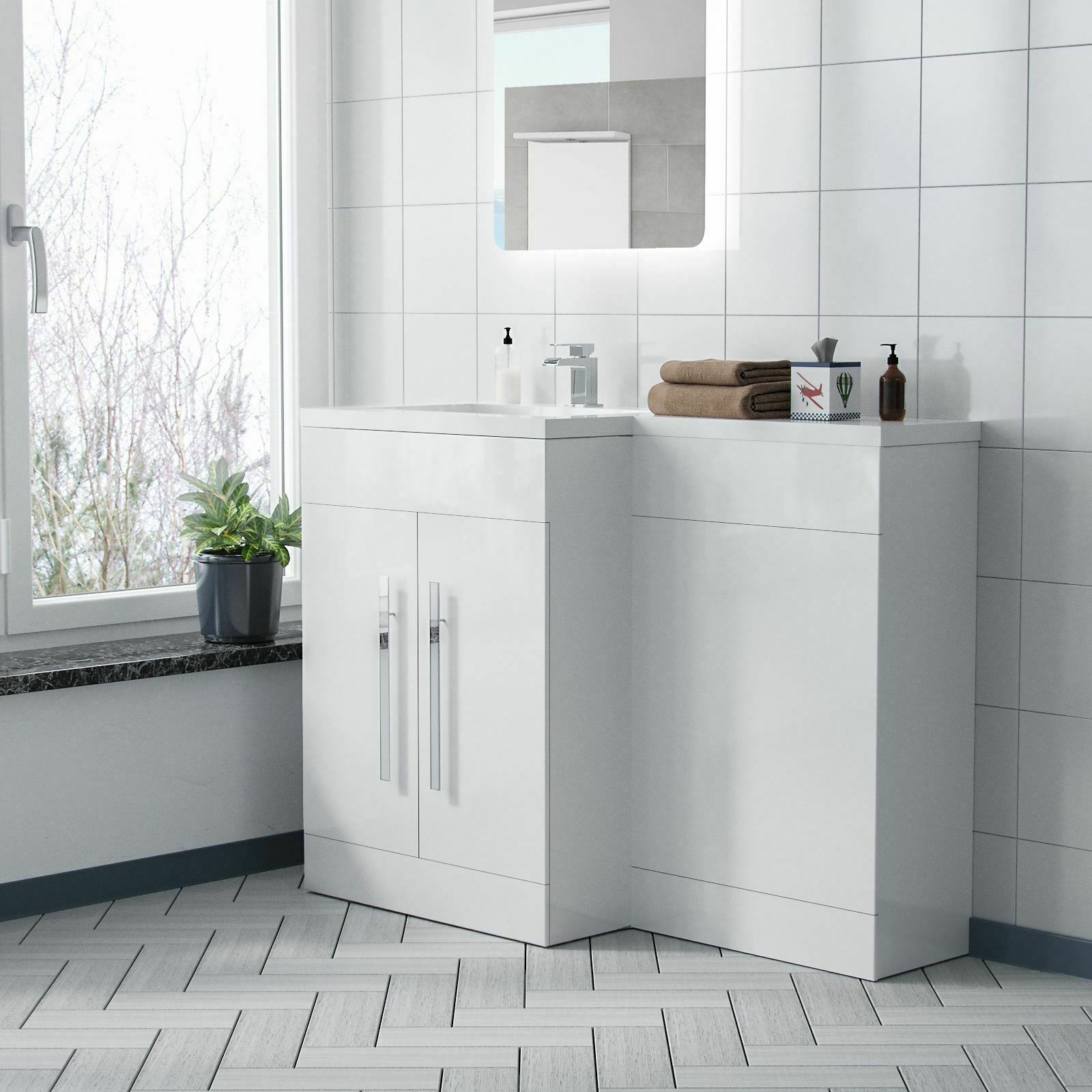 Aric White LH 1100mm Gloss Bathroom Vanity Unit Basin Sink Cabinet Flat Pack