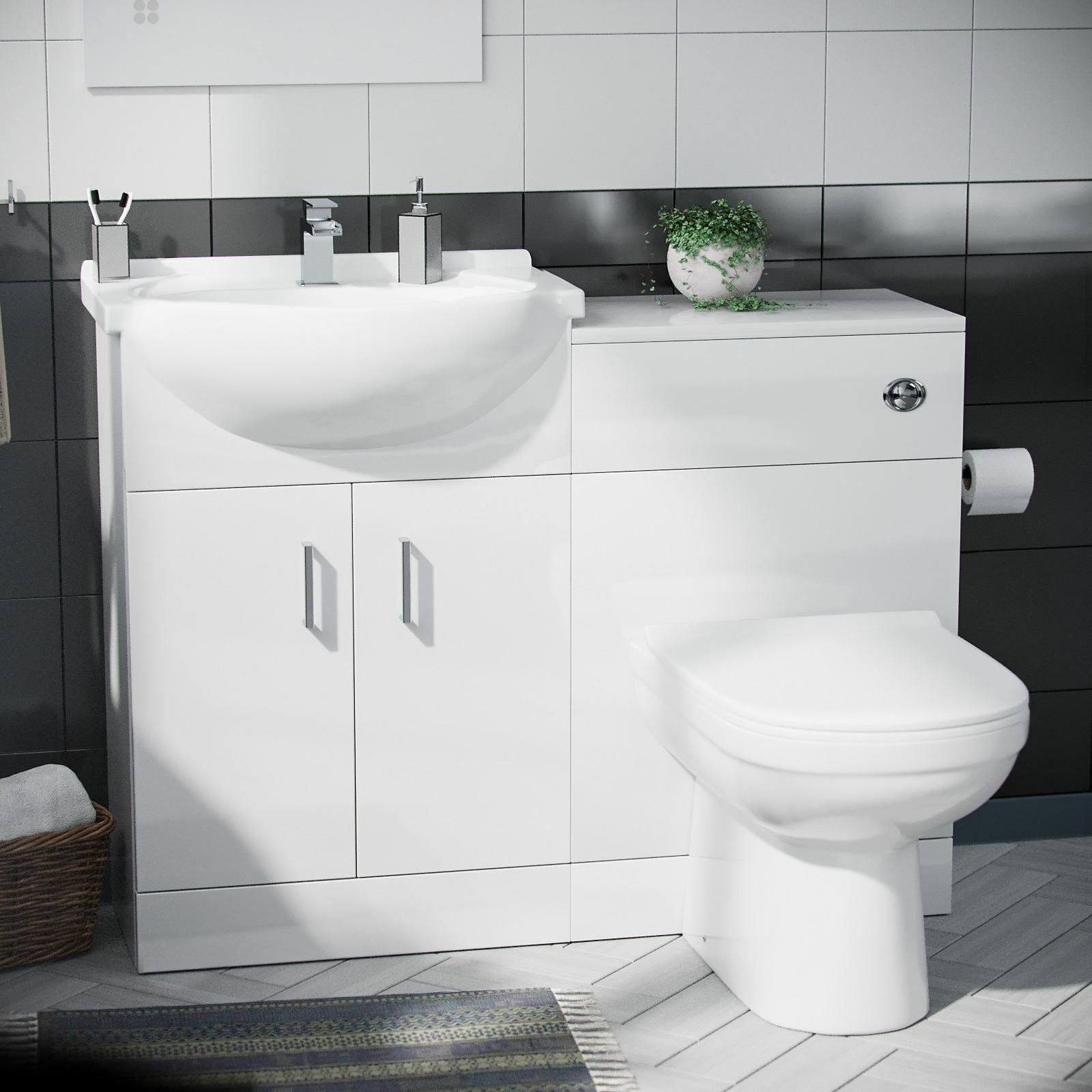 Ellen 3 Piece Bathroom Suite BTW Toilet Basin Vanity Unit and Bath Flat Pack
