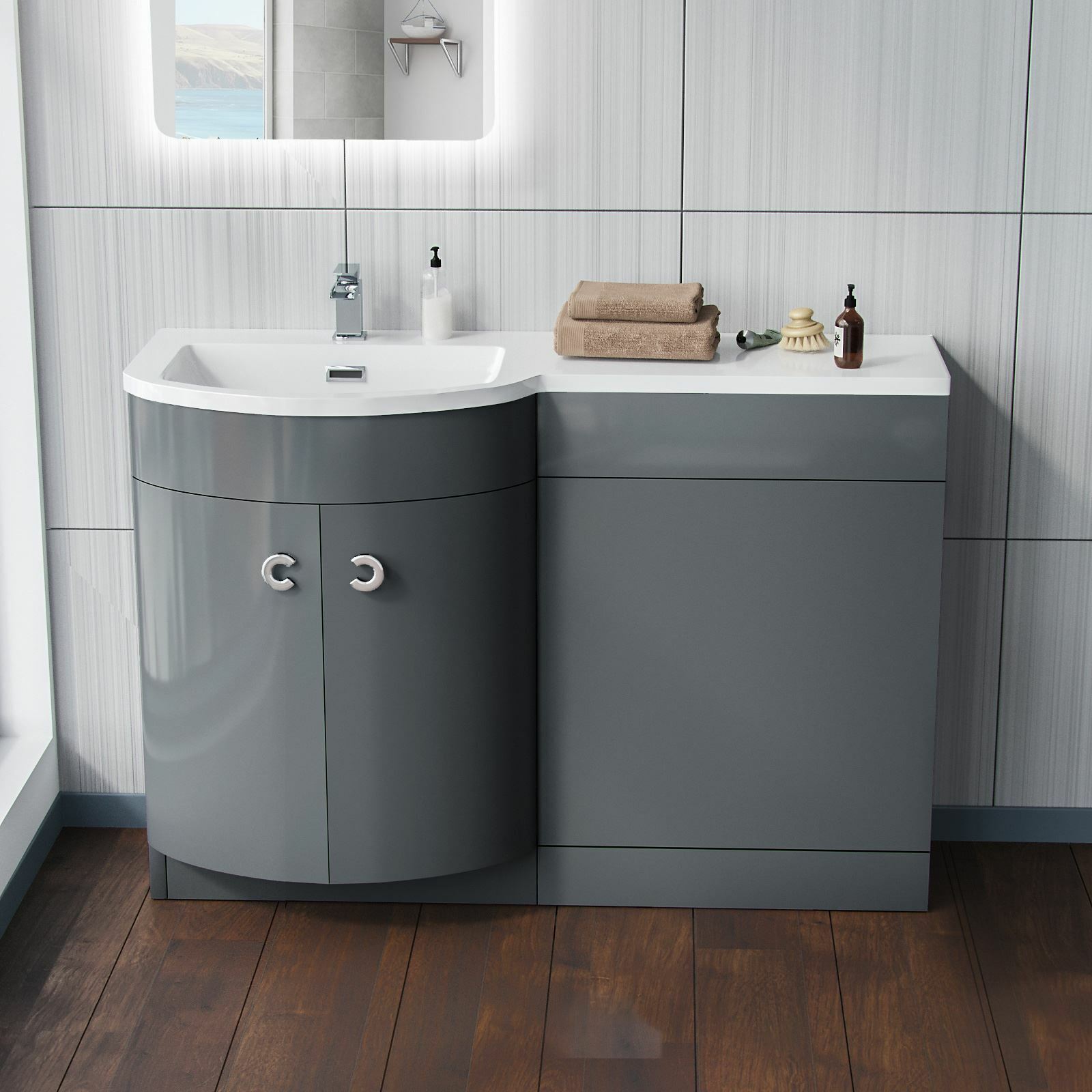 Dene Grey 1100mm Bathroom Basin Sink Vanity WC Unit Furniture Cabinet LH