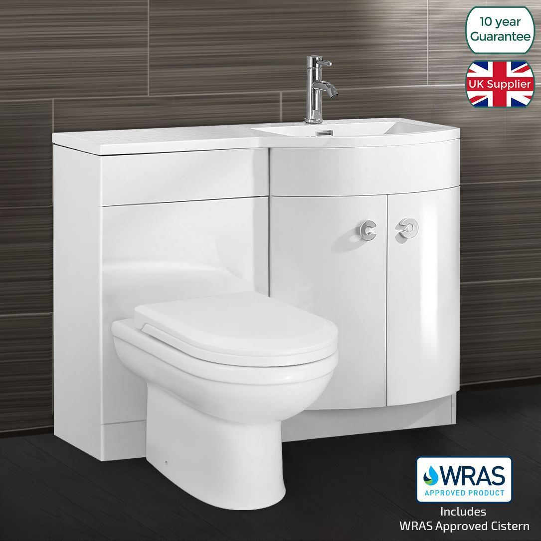 Dene 1100 mm White P Shape Bathroom RH Vanity Suite Unit BTW Toilet White Square